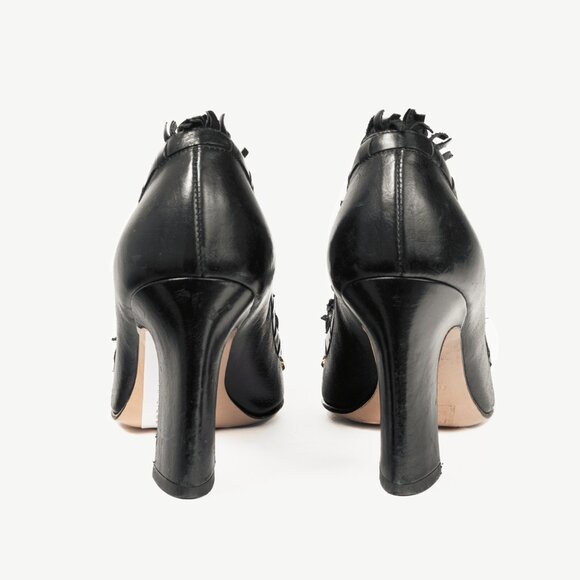 Miu Miu Black Leather Fringe-Trim Studded Bow Heels - Picture 3 of 8